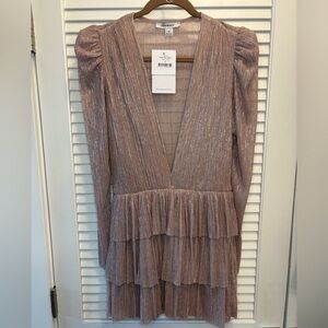 Sabina Musayev Shimmery Rose-Pink Tiered Long Sleeve Dress
